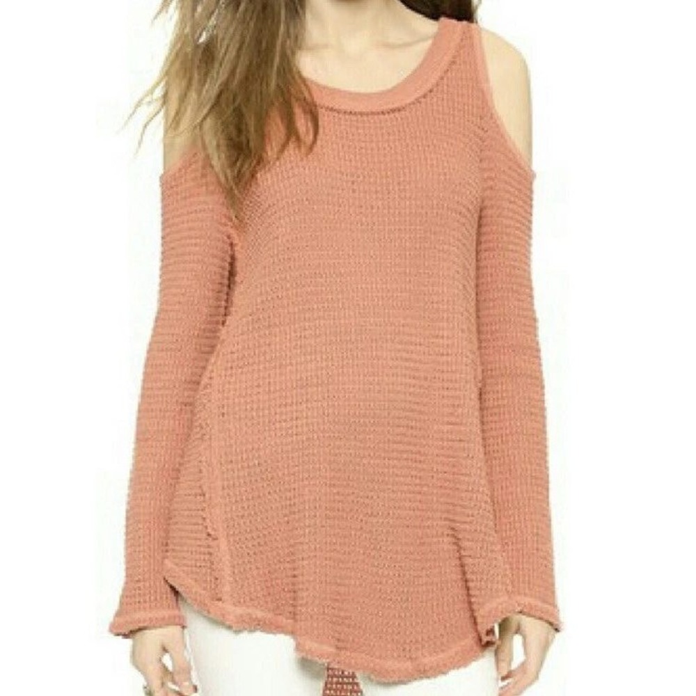 Free People Women's S Cold Shoulder Waffle Knit Sweater Orange Cotton
